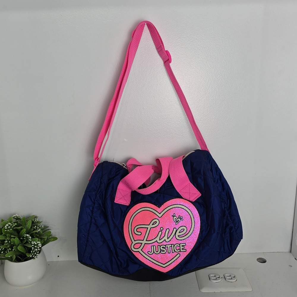 Live Justice Duffel‎ Bag Blue Hot Pink Travel Gym Dance Quilted Double Handle